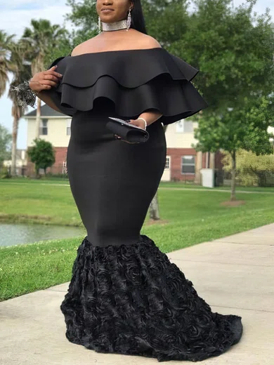 Black Mermaid Stretch Crepe Off-the-shoulder Prom Dresses #Milly020108284
