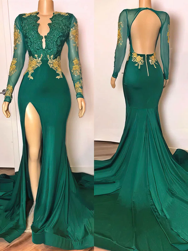 Trumpet/Mermaid V-neck Jersey Sweep Train Beading Prom Dresses #Milly020108307
