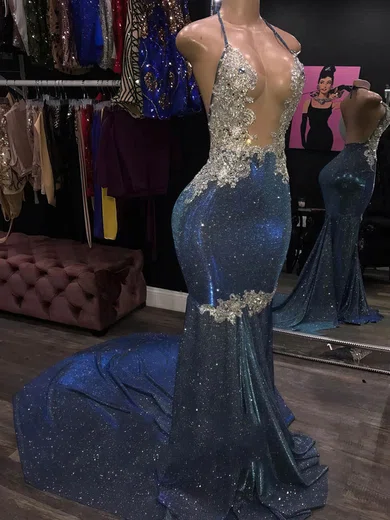 Mermaid Halter Backless Sparkly Prom Dresses With Beading #Milly020108308