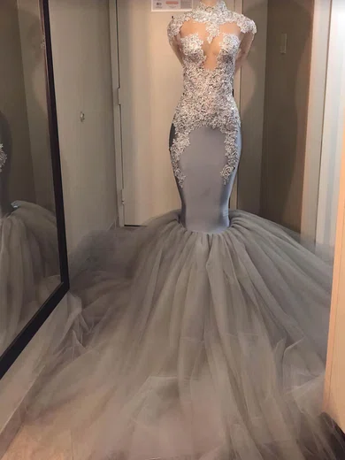 Mermaid High Neck Long Sleeves Tulle Prom Dresses With Appliques #Milly020108310