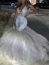 Trumpet/Mermaid Sweep Train V-neck Glitter Beading Prom Dresses #Milly020108313