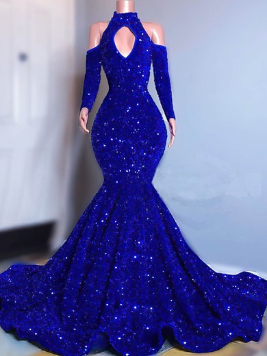 Trumpet/Mermaid Sweep Train High Neck Velvet Sequins Prom Dresses #Milly020108318