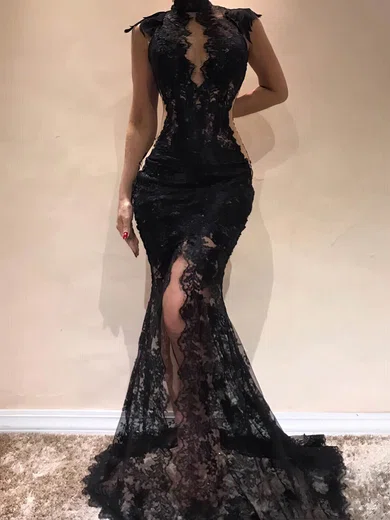 Black Mermaid High Neck Lace Cut Out Prom Dresses #Milly020108320