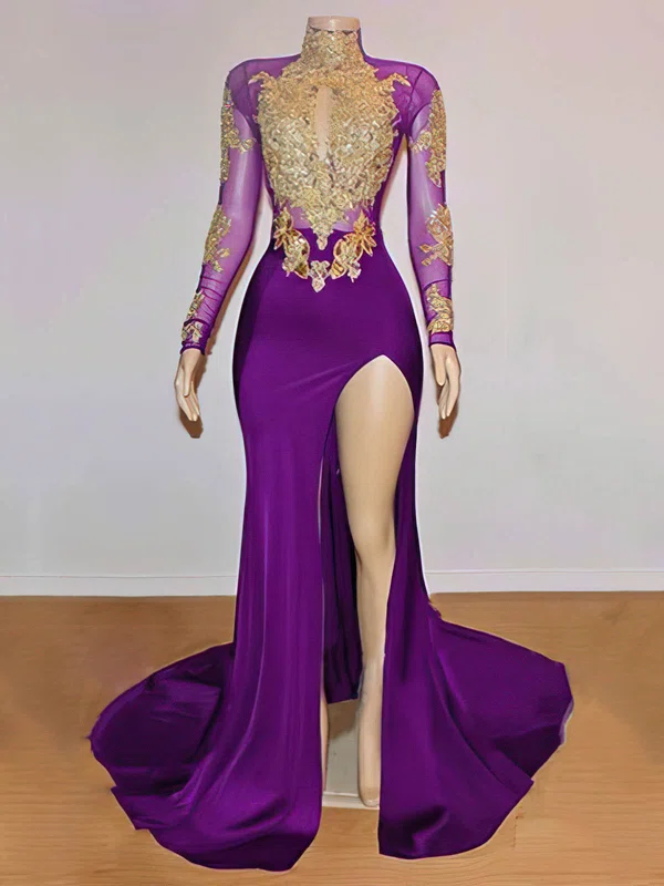 Mermaid High Neck Long Sleeves Jersey Prom Dresses With Appliques #Milly020108321