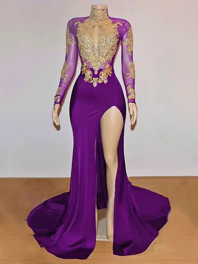 Mermaid High Neck Long Sleeves Jersey Prom Dresses With Appliques #Milly020108321