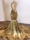 Trumpet/Mermaid High Neck Velvet Sweep Train Beading Prom Dresses #Milly020108322