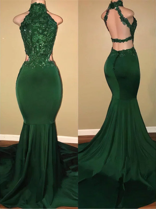 Trumpet/Mermaid High Neck Stretch Crepe Sweep Train Appliques Lace Prom Dresses #Milly020108324
