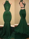 Trumpet/Mermaid High Neck Stretch Crepe Sweep Train Appliques Lace Prom Dresses #Milly020108324