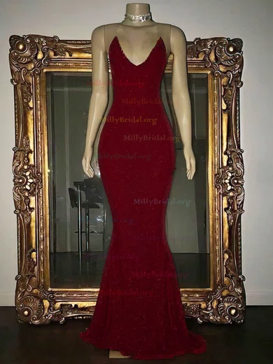 Burgundy Long Sleeves Scoop Trumpet Mermaid Sparkle Sequin Prom Dress