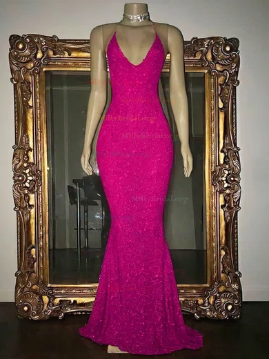 Sequin Trumpet Mermaid Fuchsia High Neck Prom Dress