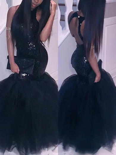 Trumpet/Mermaid Scoop Neck Tulle Sequined Floor-length Prom Dresses #Milly020108340