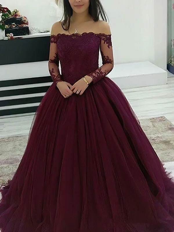 Ball Gown Off-the-shoulder Tulle Floor-length Appliques Lace Prom Dresses #Milly020108341