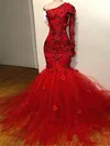 Trumpet/Mermaid One Shoulder Tulle Sweep Train Beading Prom Dresses #Milly020108342