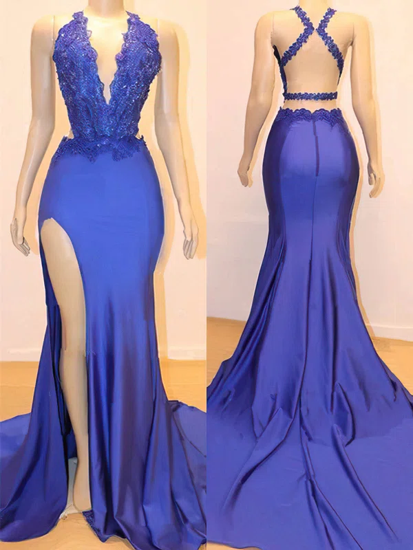Trumpet/Mermaid V-neck Stretch Crepe Court Train Beading Prom Dresses #Milly020108345
