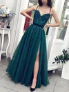 A-line V-neck Tulle Lace Sweep Train Beading Prom Dresses #Milly020108395