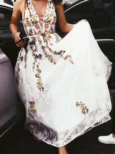 A-line V-neck Lace Sweep Train Flower(s) Prom Dresses #Milly020108397