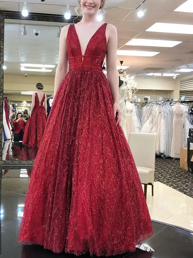 A-line V-neck Sequined Sweep Train Prom Dresses #Milly020108399