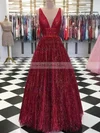 A-line V-neck Sequined Sweep Train Prom Dresses #Milly020108399