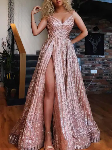 Ball Gown/Princess Floor-length V-neck Sequined Split Front Prom Dresses #Milly020108413