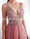 A-line V-neck Tulle Sweep Train Beading Prom Dresses #Milly020108426