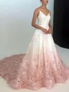 A-line V-neck Lace Sweep Train Flower(s) Prom Dresses #Milly020108434