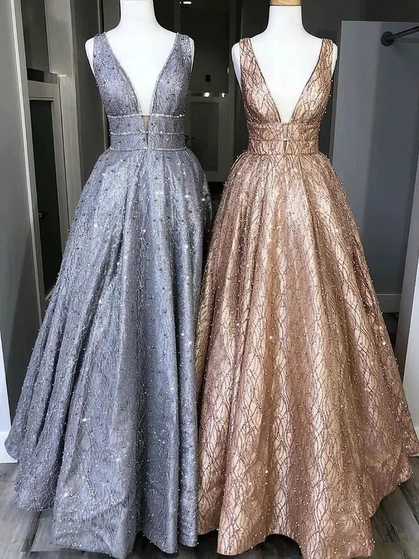 A-line V-neck Glitter Sweep Train Prom Dresses #Milly020108437