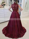 A-line High Neck Silk-like Satin Sweep Train Appliques Lace Prom Dresses #Milly020108445
