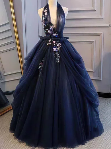 Ball Gown Halter Backless Tulle Prom Dresses With Floral #Milly020108446