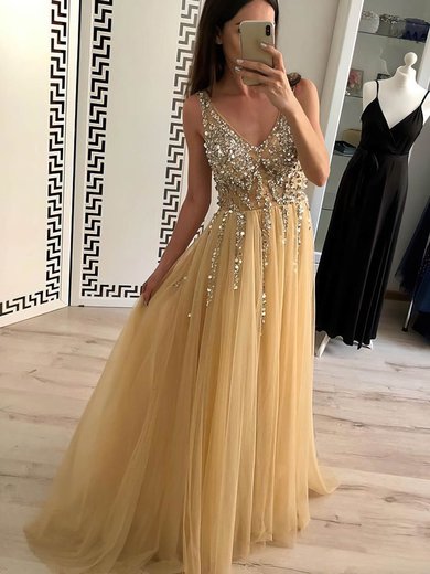 Ball Gown/Princess Sweep Train V-neck Tulle Beading Prom Dresses #Milly020108450