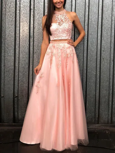 A-line Scoop Neck Lace Tulle Sweep Train Beading Prom Dresses #Milly020108453