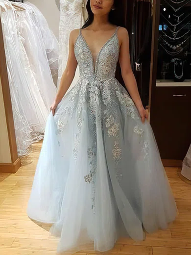A-line V-neck Tulle Sweep Train Beading Prom Dresses #Milly020108455