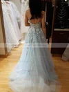 A-line V-neck Tulle Sweep Train Beading Prom Dresses #Milly020108455
