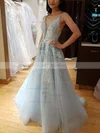 A-line V-neck Tulle Sweep Train Beading Prom Dresses #Milly020108455
