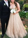 A-line V-neck Glitter Sweep Train Prom Dresses #Milly020108457