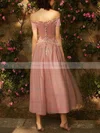 A-line Off-the-shoulder Tulle Silk-like Satin Ankle-length Appliques Lace Prom Dresses #Milly020108459