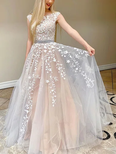 Ball Gown Scoop Neck Tulle Prom Dresses With Appliques #Milly020108465