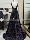 A-line V-neck Sequined Sweep Train Prom Dresses #Milly020108466