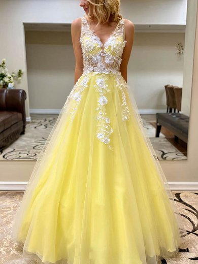 Ball Gown/Princess Floor-length V-neck Tulle Appliques Lace Prom Dresses #Milly020108467