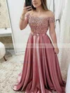 A-line Off-the-shoulder Satin Sweep Train Appliques Lace Prom Dresses #Milly020108470