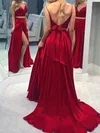 A-line V-neck Silk-like Satin Sweep Train Bow Prom Dresses #Milly020108471