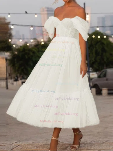 Off The Shoulder Tulle Ruffle Hem Tea length Homecoming Dresses millybridal