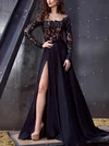 A-line Sweep Train Illusion Tulle Silk-like Satin Split Front Prom Dresses #Milly020108480