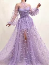 Ball Gown/Princess Sweep Train High Neck Tulle Long Sleeves Flower(s) Prom Dresses #Milly020108483