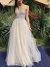 A-line V-neck Tulle Sweep Train Beading Prom Dresses #Milly020108484