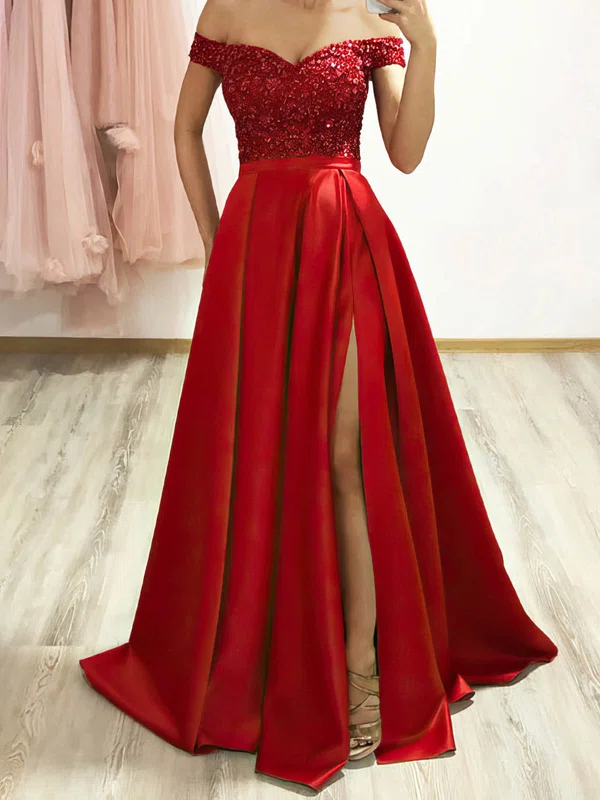 A-line Off-the-shoulder Satin Sweep Train Appliques Lace Prom Dresses #Milly020108489