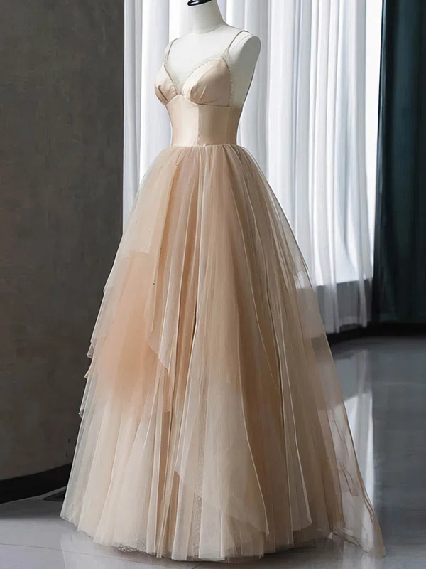 Ball Gown V-neck Satin Tulle Prom Dresses With Ruched #Milly020108490