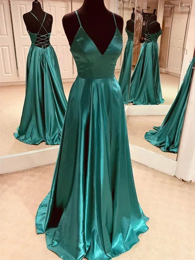 A-line V-neck Satin Prom Dresses With Ruched #Milly020108492