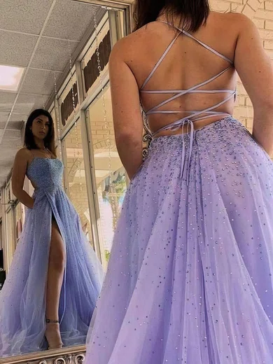 A-line Square Neckline Tulle Sweep Train Beading Prom Dresses #Milly020108493