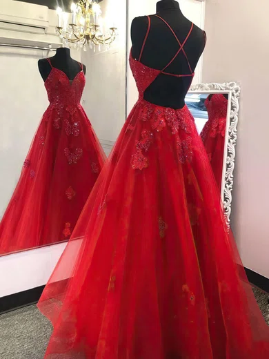 Red Ball Gown V-neck Tulle Prom Dresses With Appliques #Milly020108494