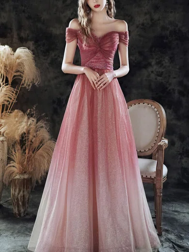 Ball Gown Off-the-shoulder Tulle Prom Dresses With Ruched #Milly020108497